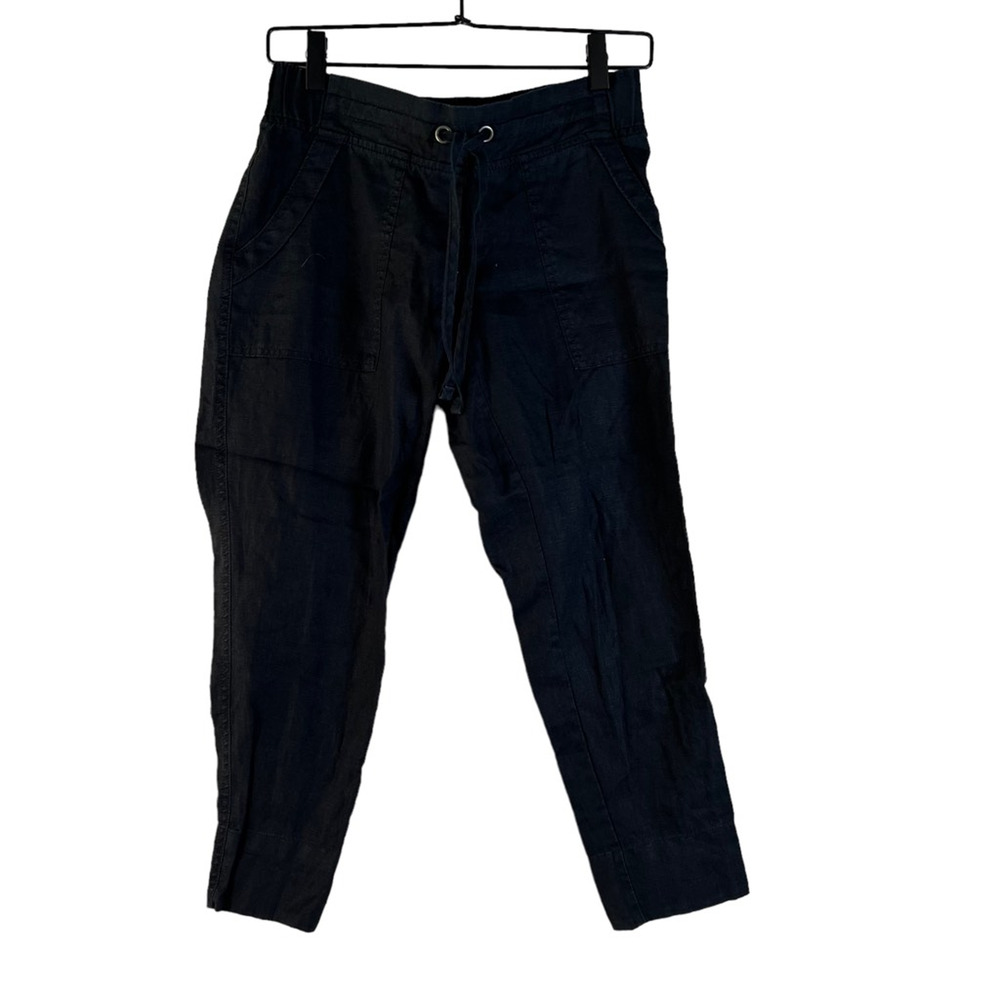 Athleta Womens Straight Leg Pants Black Ultra Low Rise 100% Linen Petites 2P